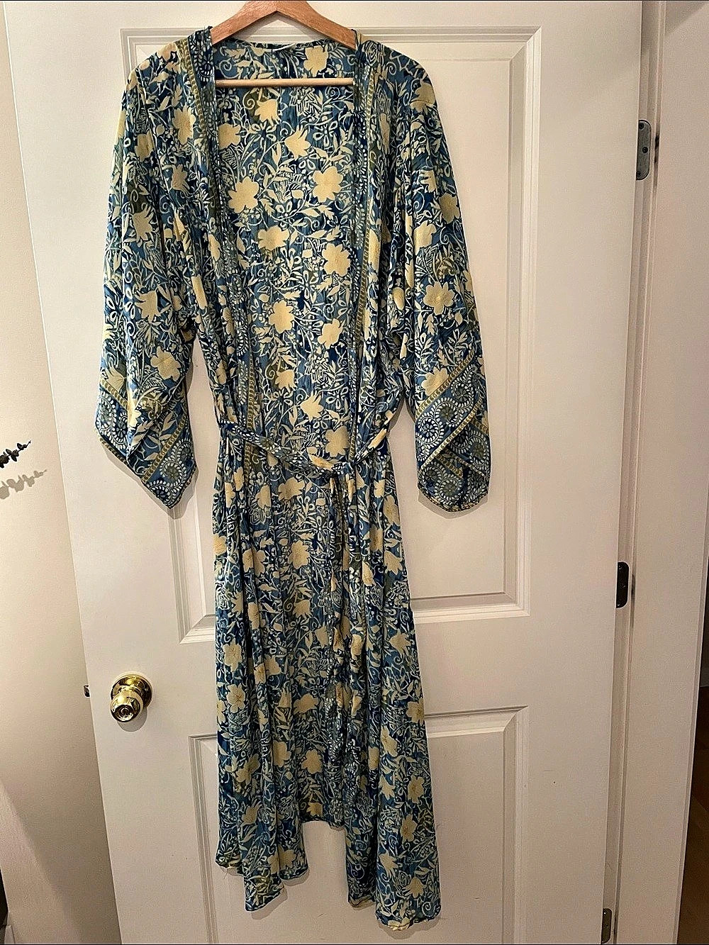 Floral Silk Maxi Robe in Blue & Cream Like New